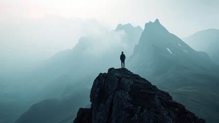 Misty mountain landscape with a lone hiker standing on a rocky ledge at dawn in a secluded wilderness area