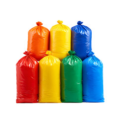 Collection of colorful plastic bags with transparent background for waste and recycling