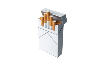 A clean white pack of cigarettes with the lid open revealing several filtered tobacco sticks against a stark black background