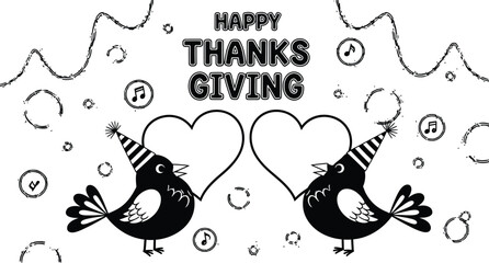 Festive Thanksgiving coloring page featuring cute birds wearing party hats and heart shapes makes holiday fun for kids and adults