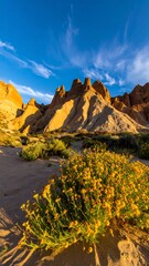 Obraz premium Majestic sandstone rock formations with yellow desert blooms