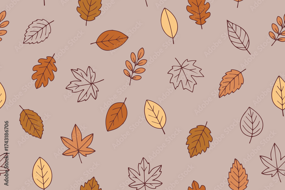 Sticker vector seamless pattern with doodle-style leaf outlines. autumn background of linear multicolored le