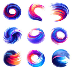 Abstract colorful swirls and brush strokes on transparent background design elements