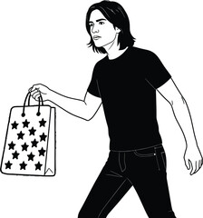 Cool young man walking with a star patterned shopping bag, perfect for fashion blogs, retail promotions and lifestyle content about style and shopping