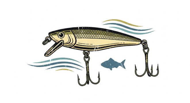 Vintage illustration of a classic fishing lure, a hard bait minnow with sharp treble hooks for sport fishing and angling