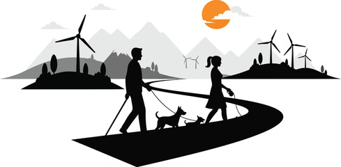 Eco friendly lifestyle with dogs and wind turbines illustration