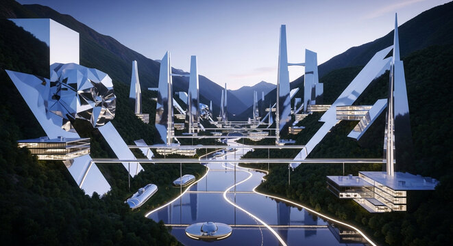 A futuristic city nestled in a mountainous landscape with unique architectural designs, showcasing a blend of nature and advanced technology