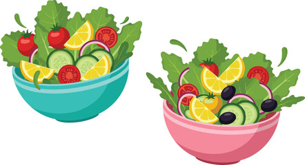 Healthy fresh vegetable salad bowl illustration, organic food concept, vegetarian diet, nutritious meal, clean eating lifestyle, colorful ingredients art