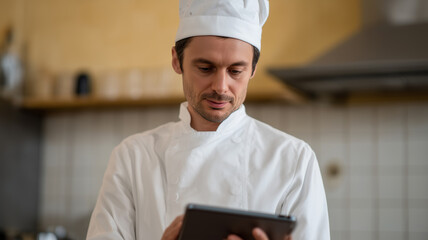 Chef using tablet in modern kitchen, wearing white uniform and hat, focused on digital device, technology integration, professional cooking environment, contemporary culinary workspace