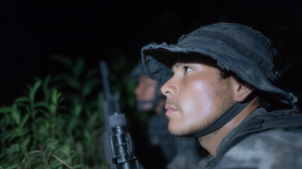 Fototapeta premium Soldier camouflage night mission helmet rifle focus tactical military operation Soldier camouflage helmet with rifle focused during night mission tactical operation dark outdoor environment