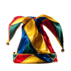 Colorful jester hat with gold trim and dangling bells isolated on transparent background