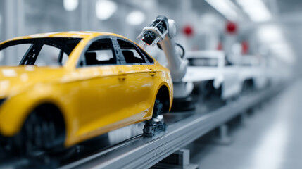Robotic arms yellow car assembly line eco friendly automation factory technology modern production efficiency innovation sustainable manufacturing industry vehicle
