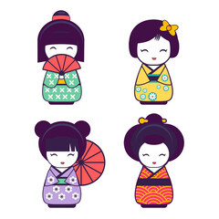 set of  japanese cute girls in kimono