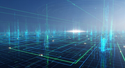 An abstract cityscape emerges from a sea of glowing lines, representing the interconnectedness of data and the boundless possibilities of digital innovation