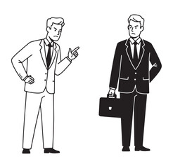 Illustration of a boss scolding a businessman carrying a briefcase in black and white