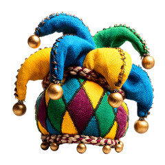 Colorful jester hat with gold bells against a transparent background