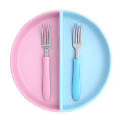 Color divided plate with forks on transparent background conceptual food photography