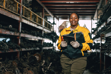 Happy Black African women engineer worker enjoy working in old used machine part stock warehouse.