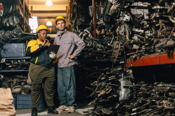African women with engineer man staff worker working heavy industry old part warehouse