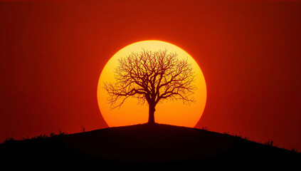 Bare tree silhouette against vibrant sunset bare branches