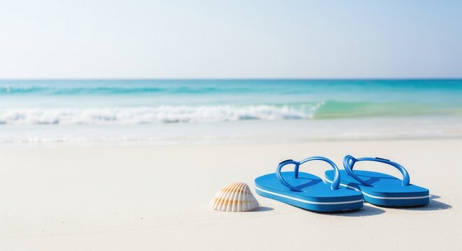 Classic blue flip flops and a seashell on pristine white sand by the clear blue ocean - Powered by Adobe