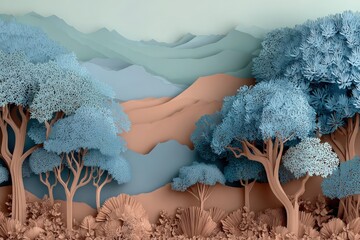A pastel-hued papercraft landscape showcases a serene forest scene with layered mountains and detailed trees.