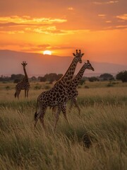 Fototapeta premium Giraffes Feeding in African Grassland During Vibrant Golden Sunset