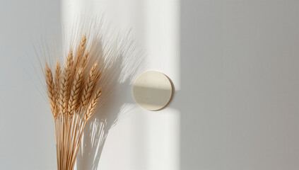 Wheat stalks and circular object casting shadows grain