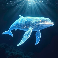 The image of a glowing dolphin in the water