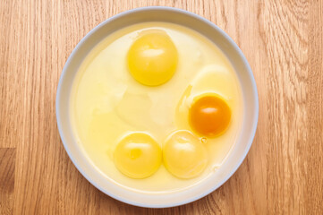 Raw eggs in a bowl on a wooden table, ready for cooking.