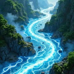 Rivers with lightning in the mountains