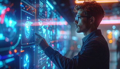 Tech Savvy Analyst: A focused analyst, immersed in a high-tech environment, navigates a futuristic digital interface. The scene captures the essence of innovation and technological exploration.