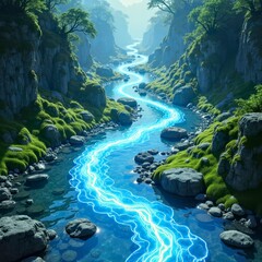 The blue glowing river in the mountains