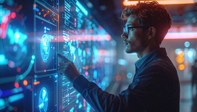 Tech Savvy Analyst: A focused analyst, immersed in a high-tech environment, navigates a futuristic digital interface. The scene captures the essence of innovation and technological exploration.