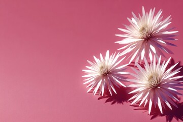 Three white flowers with pointed petals against a solid pink background, casting shadows