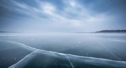 Vast frozen lake with cracked ice surface under a cloudy winter sky and distant trees