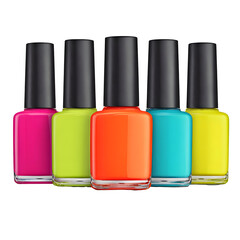 Collection of vibrant nail polish bottles on transparent background