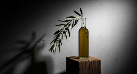 Elegant clear glass bottle of rich green olive oil with a fresh olive branch and black olives