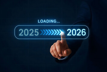 Finger pressing futuristic loading bar transitioning from 2025 to 2026 new year countdown