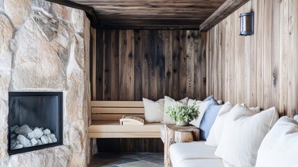 Dark luxury sauna with cedar walls, stone accents, and soft linen textiles, warm ambient light, horizontal text space, style advertising