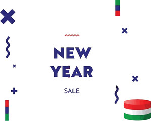 Vibrant New Year sale announcement with playful geometric shapes on a modern blue and green gradient background, create festive excitement for holiday shopping