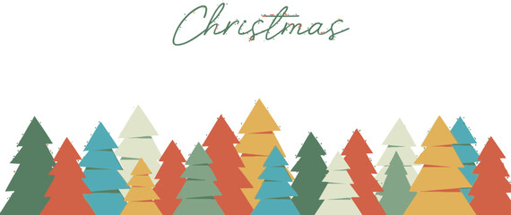 Celebrate with a modern Christmas greeting card featuring colorful geometric trees and a stylish handwritten "Merry Christmas and Happy New Year" message