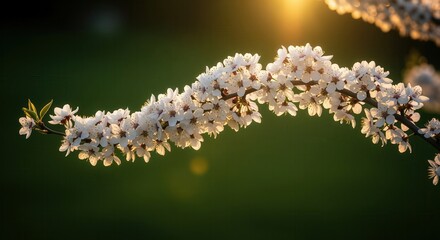 Elegantly curved tree branch laden with glowing white blossoms at golden hour
