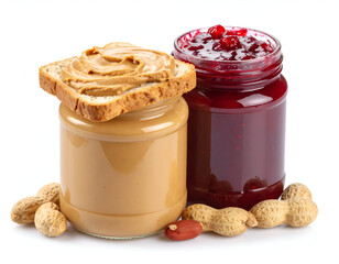 A delightful duo of creamy peanut butter and sweet fruit jelly, accompanied by a toasted bread slice, ready for a wholesome breakfast, isolated on a clean white background