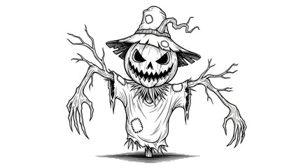 A spooky scarecrow illustration with a carved pumpkin head and menacing expression.