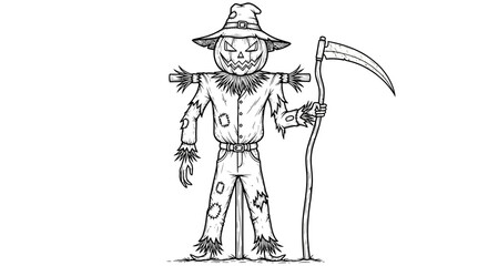 A spooky scarecrow figure with a carved pumpkin head, holding a scythe, ready for Halloween.