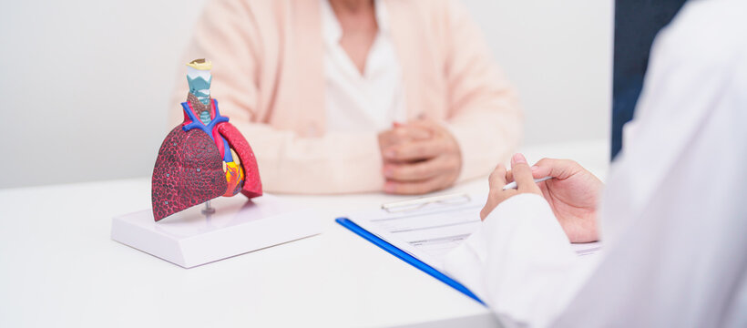 Doctor with Respiratory system. Elderly Patient consultation medical health for Lung Cancer, Asthma, Chronic Obstructive Pulmonary, Bronchitis, Emphysema, Cystic Fibrosis, Bronchiectasis, Pneumonia
