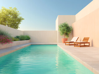 Fototapeta premium a modern, minimalist poolside area with a rectangular pool, two lounge chairs, and a colorful wall in the background featuring pastel shades of blue, pink, and yellow. The scene is accented by green f
