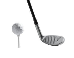 Golf ball on tee next to club head on black background