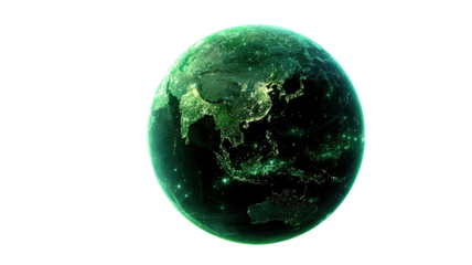 a glowing green earth globe with continents visible isolated on white background